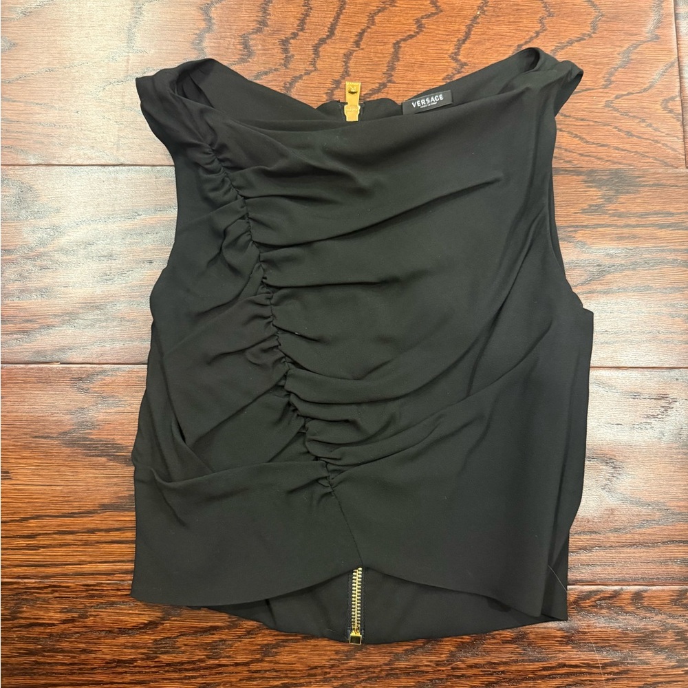 Versace Elegant Black Ruched Blouse